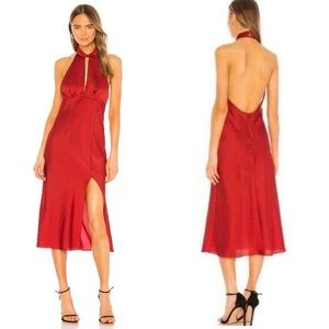 NWT FINDERS KEEPERS x REVOLVE Red Satin Midi Dress Halter Open Back Size US 8